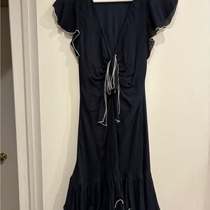 Couture Boutique Midnight Blue Midi Dress with Ruffles On Sleeves And Hem